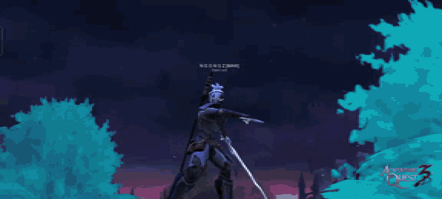 a screenshot of a video game shows a character holding a sword and a sword with a purple background