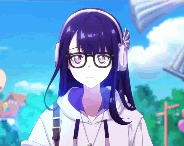 a girl with glasses and headphones is wearing a hoodie