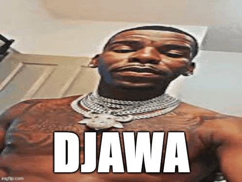 a man without a shirt is wearing a necklace and taking a selfie with the word djawa on his chest .