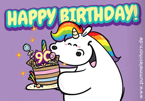 a happy birthday card with a unicorn holding a cake