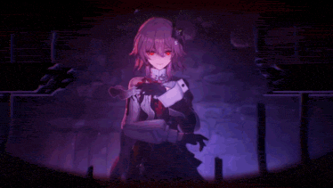 a girl with red eyes and purple hair is standing in a dark room