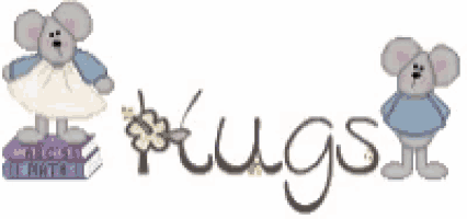 two mice are standing next to the word hugs .