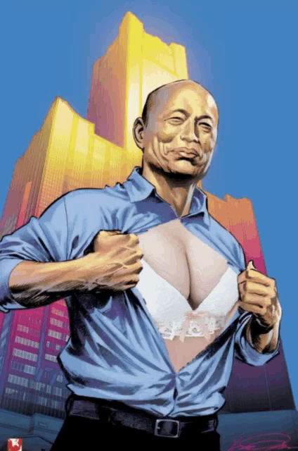 a cartoon drawing of a man taking off his shirt and revealing a bra