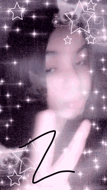 a girl is making a peace sign in front of a background of stars