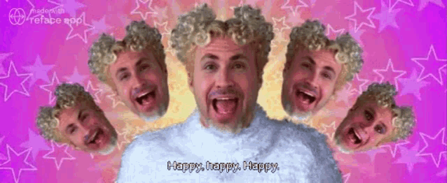 a man with many faces and the words happy happy happy on the bottom