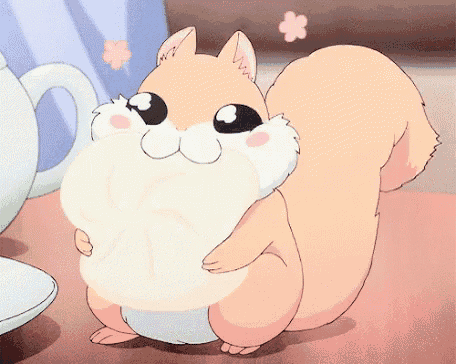 a cartoon squirrel is holding a piece of bread in its mouth