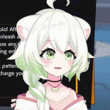 a girl with white hair and green eyes is smiling in front of a sign that says blo