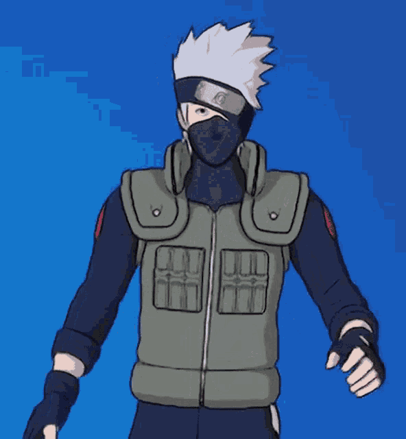 a cartoon of a man wearing a mask and holding a knife against a blue background .