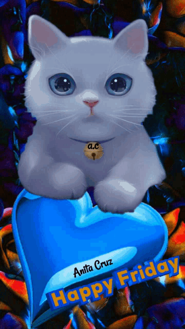 a cat is sitting on a blue heart with the words happy friday written below it
