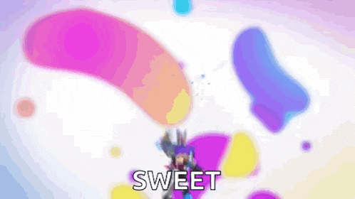 a cartoon character is standing in front of a colorful background and the word sweet is written on it .