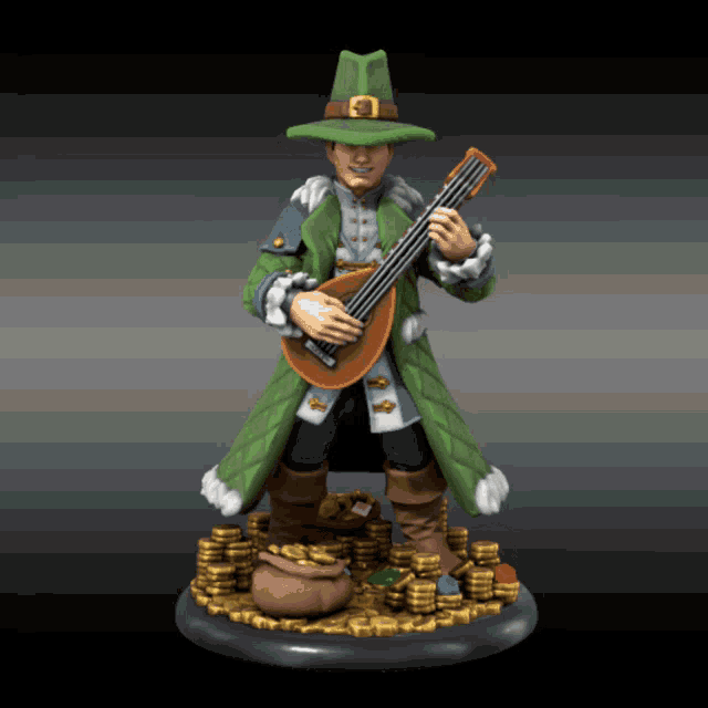 a figurine of a man in a green hat is playing a guitar