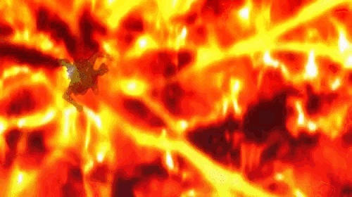 a computer generated image of a fireball with a person flying through it