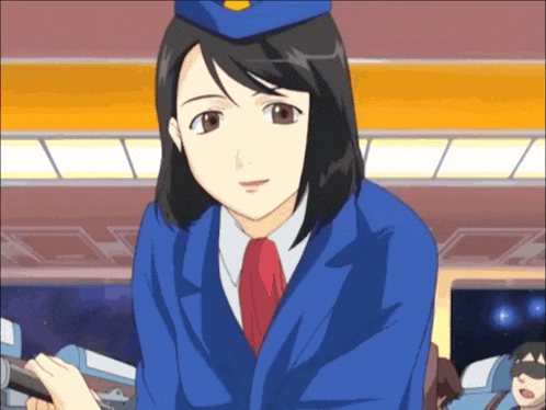 a woman in a blue uniform with a red tie holds a microphone