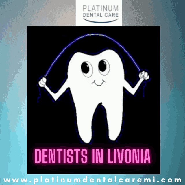 a picture of a tooth jumping a jump rope with the words dentists in livonia below it
