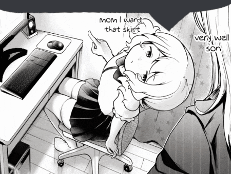 a black and white drawing of a girl laying on a chair with mom i want that skirt very well son