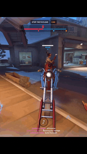 a person riding a motorcycle in a video game with stop the payload at the top of the screen