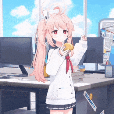 a girl with pink hair is standing in front of a desk that says security on it
