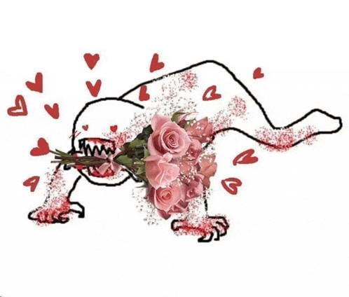 a drawing of a monster holding a bouquet of roses in its mouth surrounded by hearts .