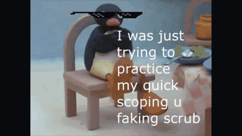 a penguin wearing sunglasses sits in a chair and says i was just trying to practice