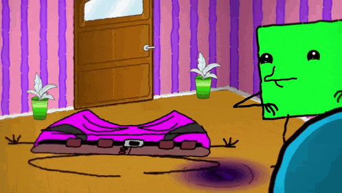 a cartoon drawing of a room with purple and pink stripes and a green cube with a sad face