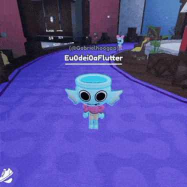 a cartoon character named euodeioaflutter is standing on a purple rug
