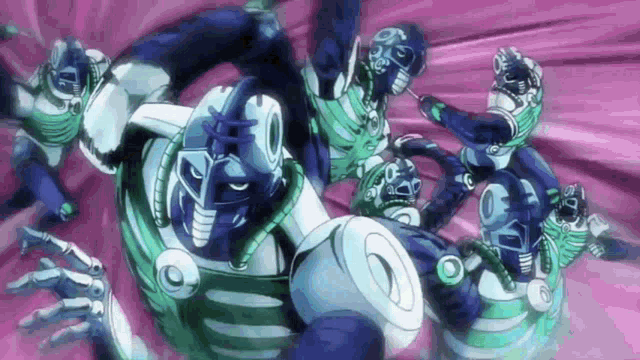 a group of robots are fighting each other on a purple background .