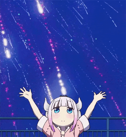 a girl with horns is standing on a balcony with her arms outstretched and looking up at the stars .