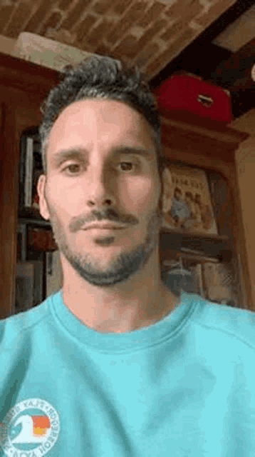 a man with a beard is wearing a blue shirt and looking at the camera in a living room .