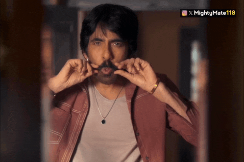 a man with a fake mustache looks at himself in a mirror with mightymate118 written on the bottom