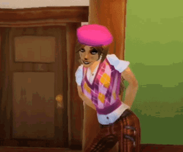 a girl wearing a pink hat and a purple vest stands in front of a door