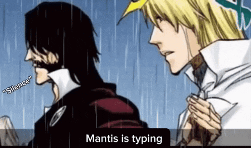 a couple of anime characters standing next to each other in the rain with a caption that says mantis is typing .