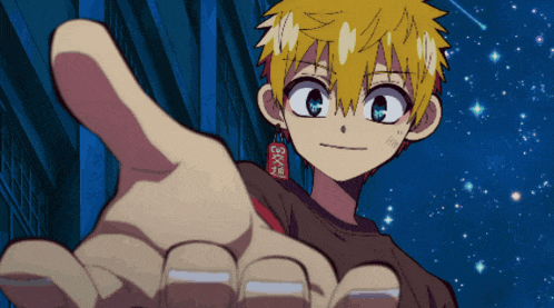 a yellow haired anime character with chinese writing on his earrings