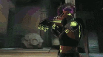 a video game character is holding a purple object in their hand