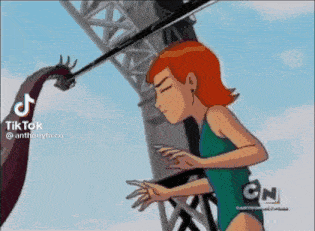 a cartoon character from ben 10 is standing next to a dinosaur .