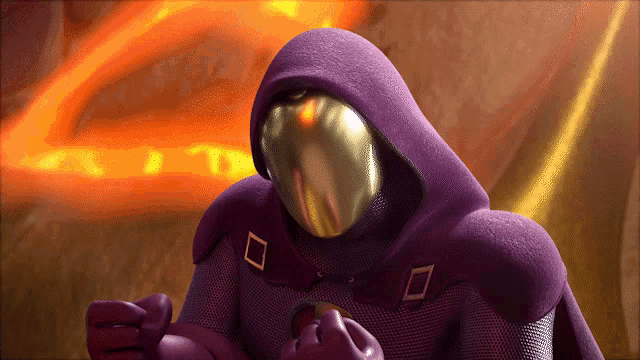 a cartoon character with a purple cape and a gold mask