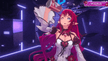 a girl with red hair is holding a can of soda in her hand and the hashtag # 3drys is above her