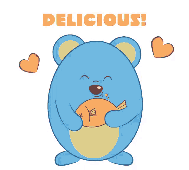 a blue teddy bear is holding a fish and the words delicious are above it