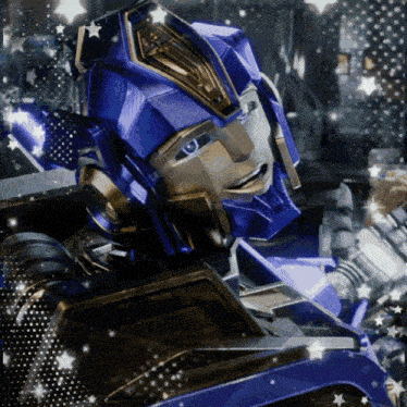 a close up of a blue and gold robot with stars behind it