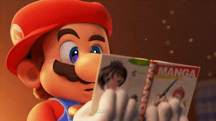 mario is holding a manga book in his hands .