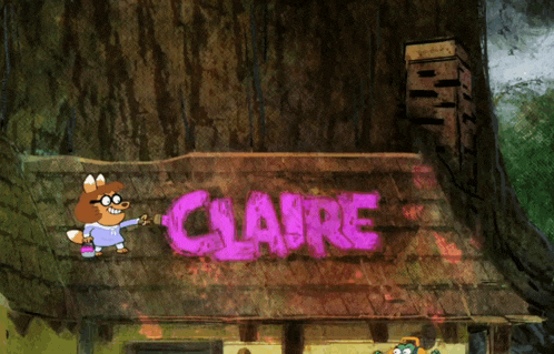 a cartoon drawing of a squirrel holding a pink sign that says claire