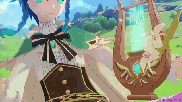 a video game character is holding a harp with the word undiscovery on the bottom right