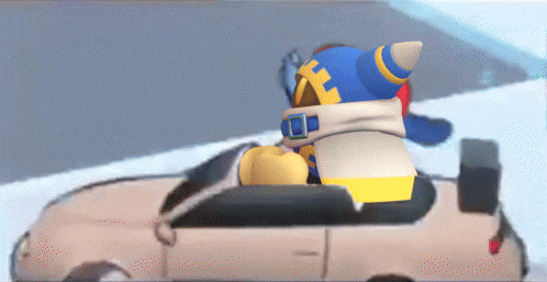 a cartoon character is sitting in the back of a convertible car