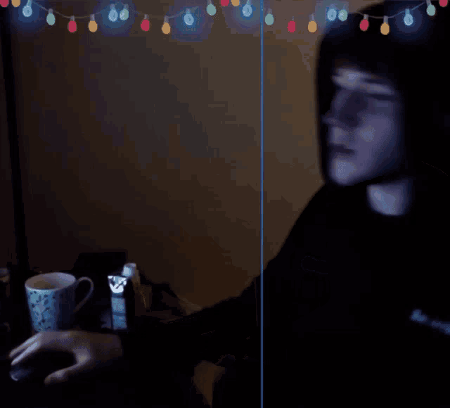 a man in a black hoodie is sitting in front of a computer monitor