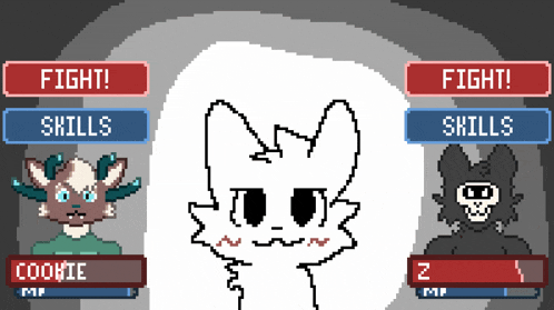 a pixel art of a cat with the words fight skills and fight skills