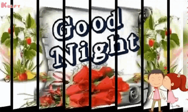 a good night greeting card with a couple kissing and flowers behind bars .