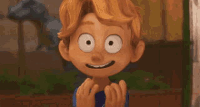 a close up of a cartoon character with big eyes and a surprised look on his face .