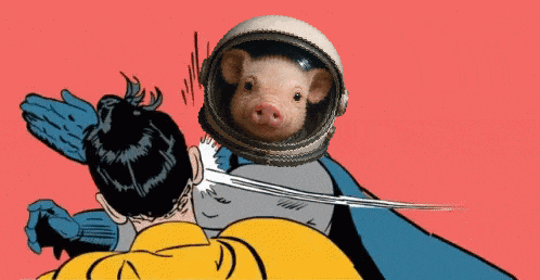 a cartoon of a man being punched by a pig wearing a space suit