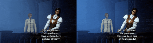a screenshot of a video game where a woman says not to mention oh goodness