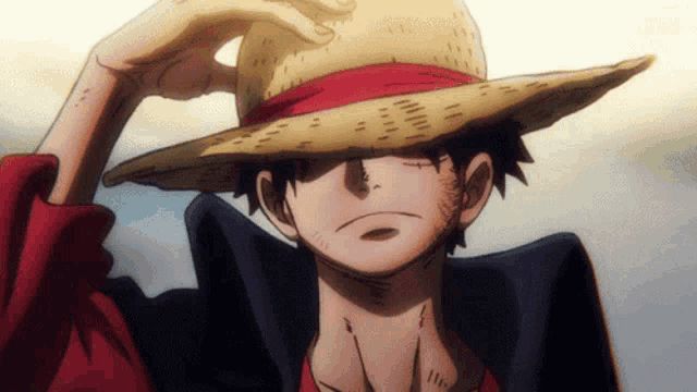 luffy from one piece is wearing a straw hat and a red tie
