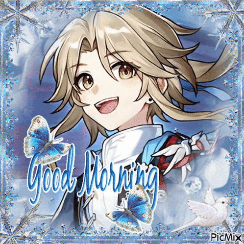 a picture of a boy with butterflies says good morning